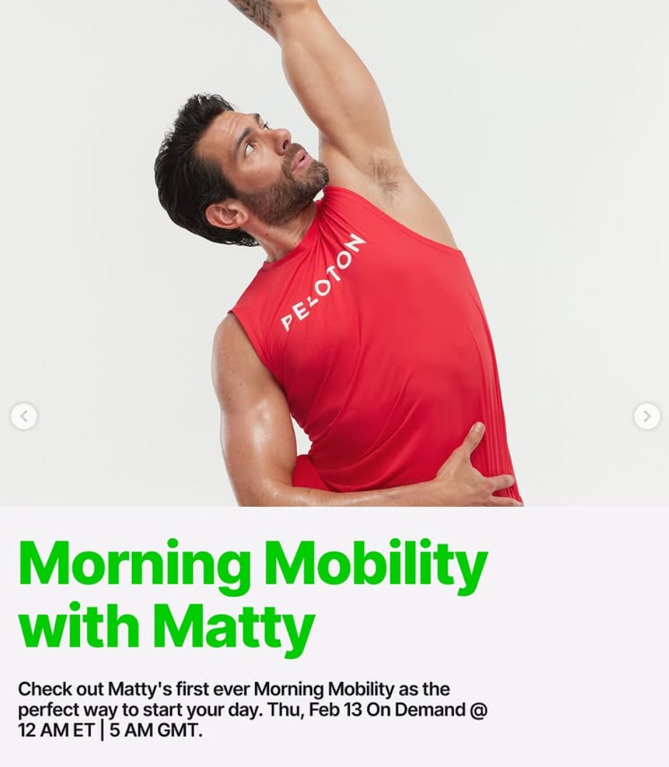 The first Morning Mobility with Matty Maggiacomo will drop on demand this week. Image credit Peloton social media.