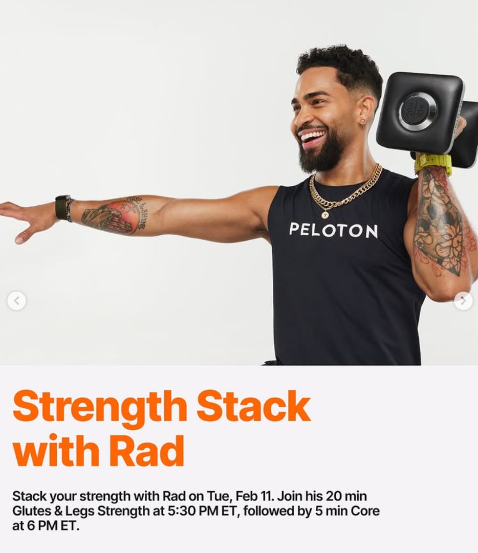 Rad Lopez will teach a live Strength stack this week. Image credit Peloton social media.