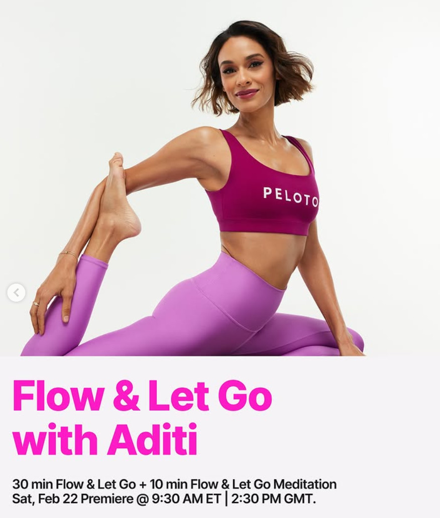 Aditi Shah will premiere new Flow & Let Go Yoga and Meditation stack this week. Image credit Peloton social media.