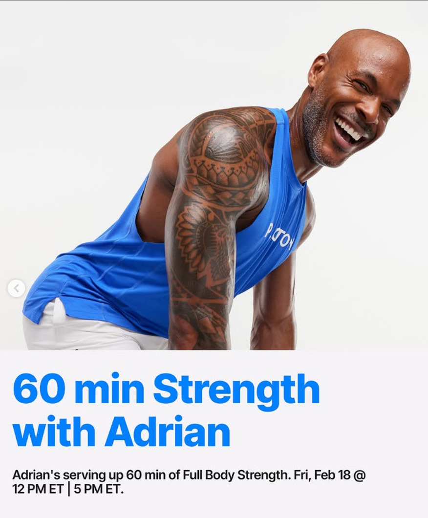 Adrian Williams will teach live 60 minute Full Body Strength this week. Image credit Peloton social media.