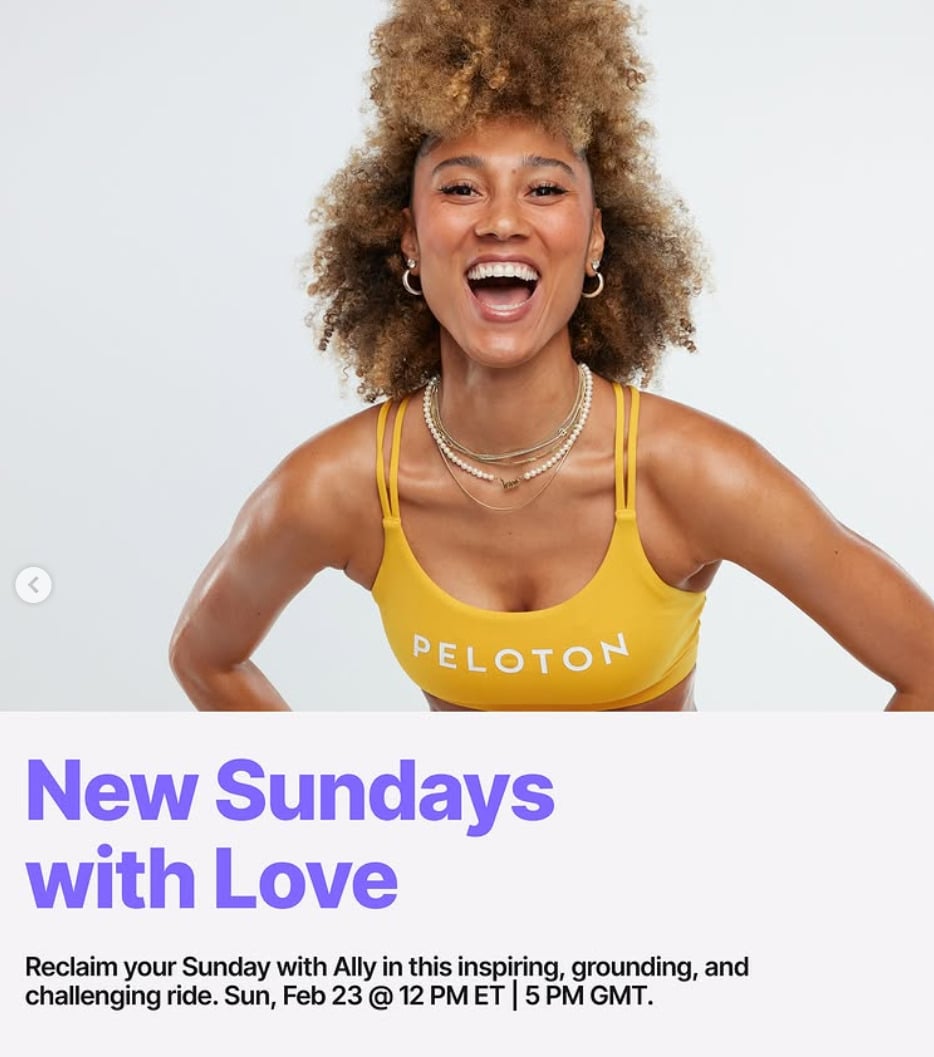 Ally Love will have new Sundays With Love Ride this week. Image credit Peloton social media.