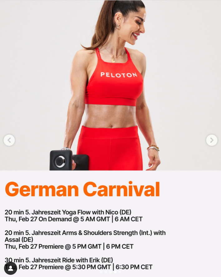 Multiple classes will drop on demand this week to celebrate German Carnival. Image credit Peloton social media.