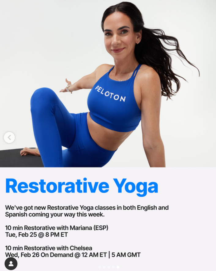 Mariana and Chelsea will have 10 min. Restorative Yoga classes this week. Image credit Peloton social media.