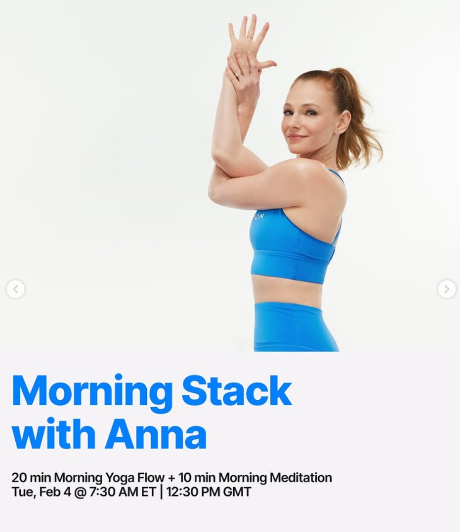 Anna Greenberg will teach a live Morning Yoga and Meditation stack this week. Image credit Peloton social media.