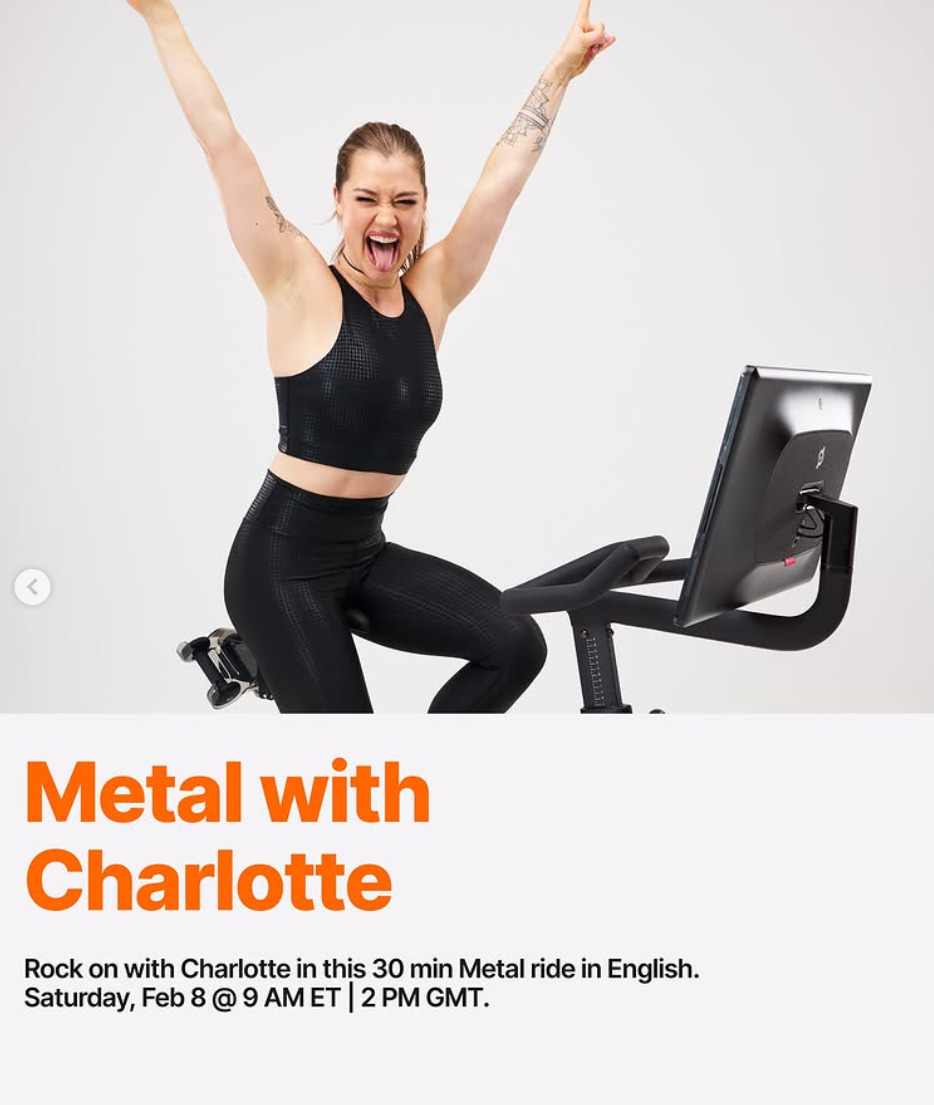 Charlotte Weidenbach will teach a live Metal Ride in English this week. Image credit Peloton social media.