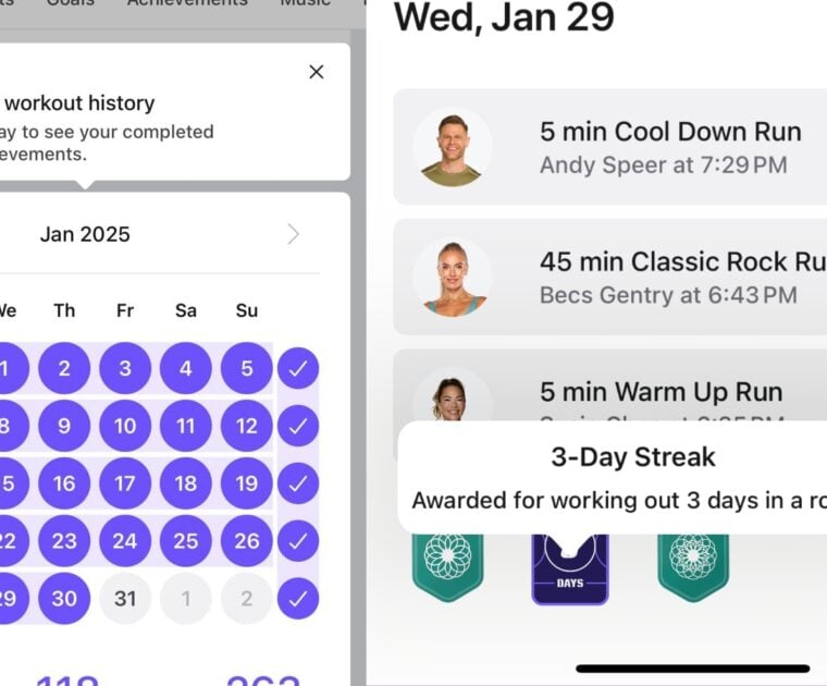 View of workouts from a specific day in the Peloton digital app.