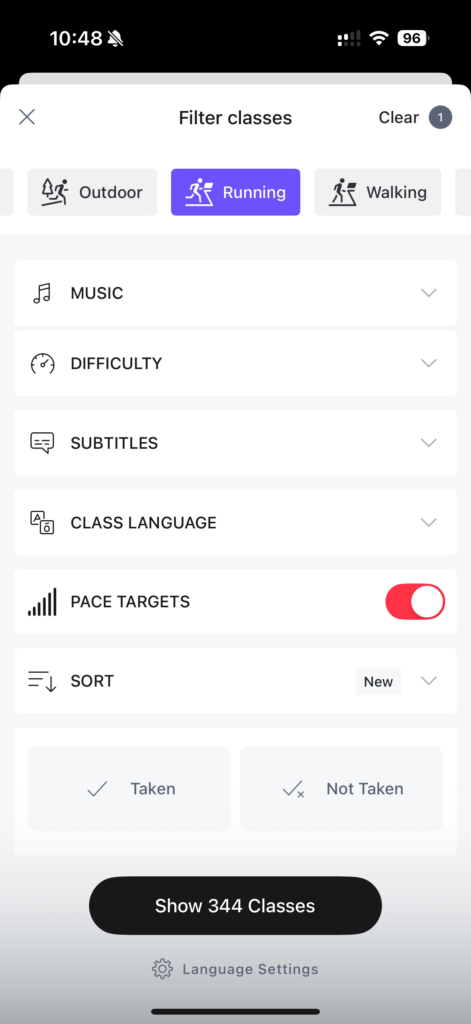 Filter for pace target classes in the Peloton App.