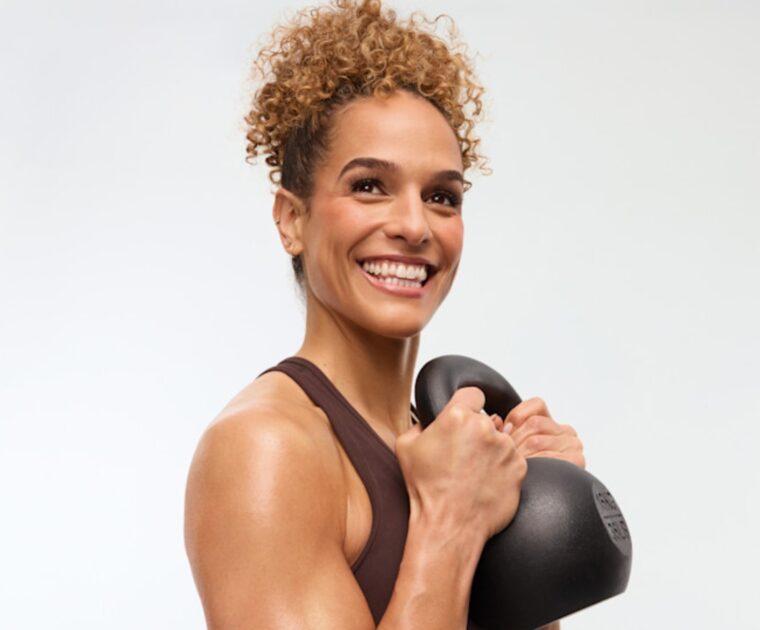 Peloton instructor Jess Sims with a kettlebell.