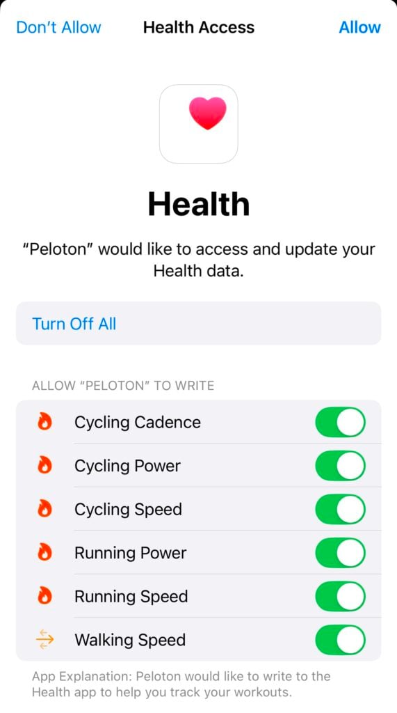 Enabling the new Peloton metrics in Apple Health app.