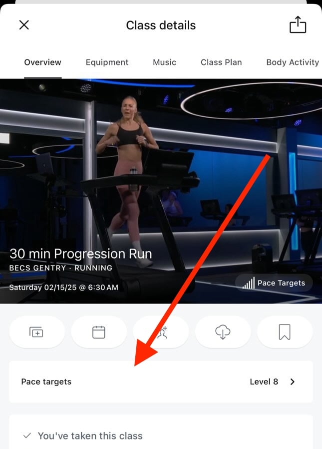 New pace target section section shown in class overview page in Peloton app.