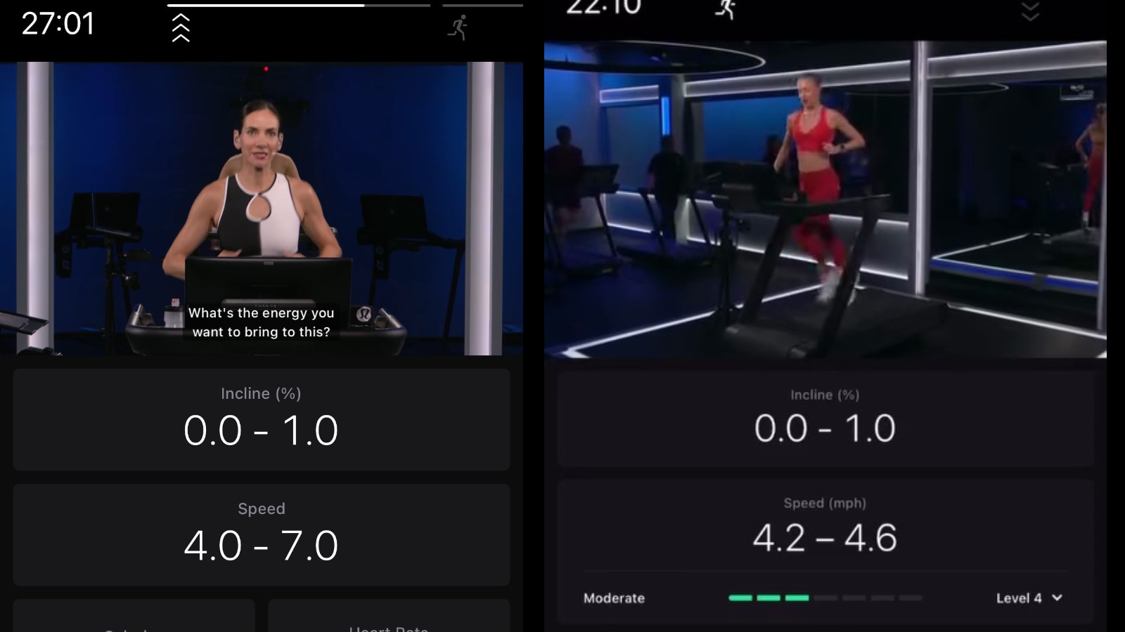 Regular running class shown on the left, with a pace target class (with the update) shown on the right.