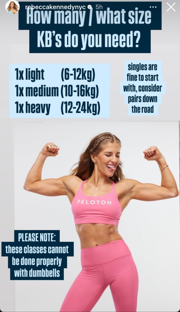 Rebecca Kennedy instagram post about what size Kettlebells to buy.