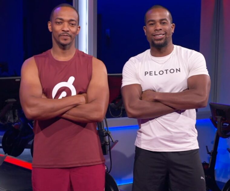 Anthony Mackie and Alex Toussaint teaching a Peloton superhero class.