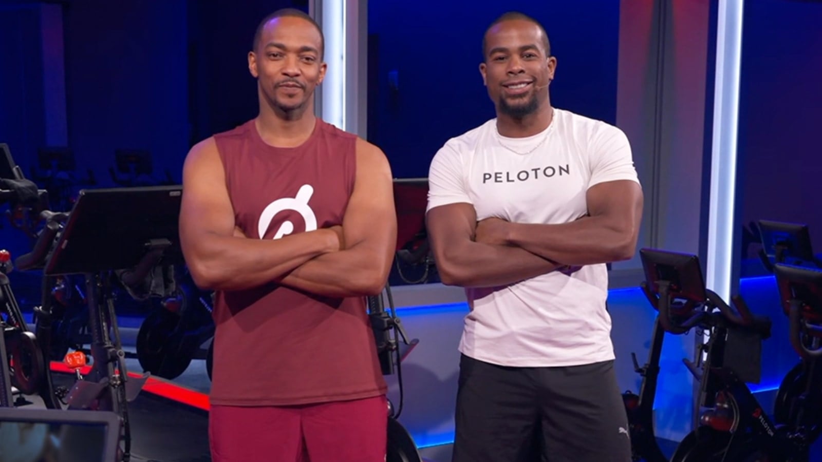 Anthony Mackie and Alex Toussaint teaching a Peloton superhero class.