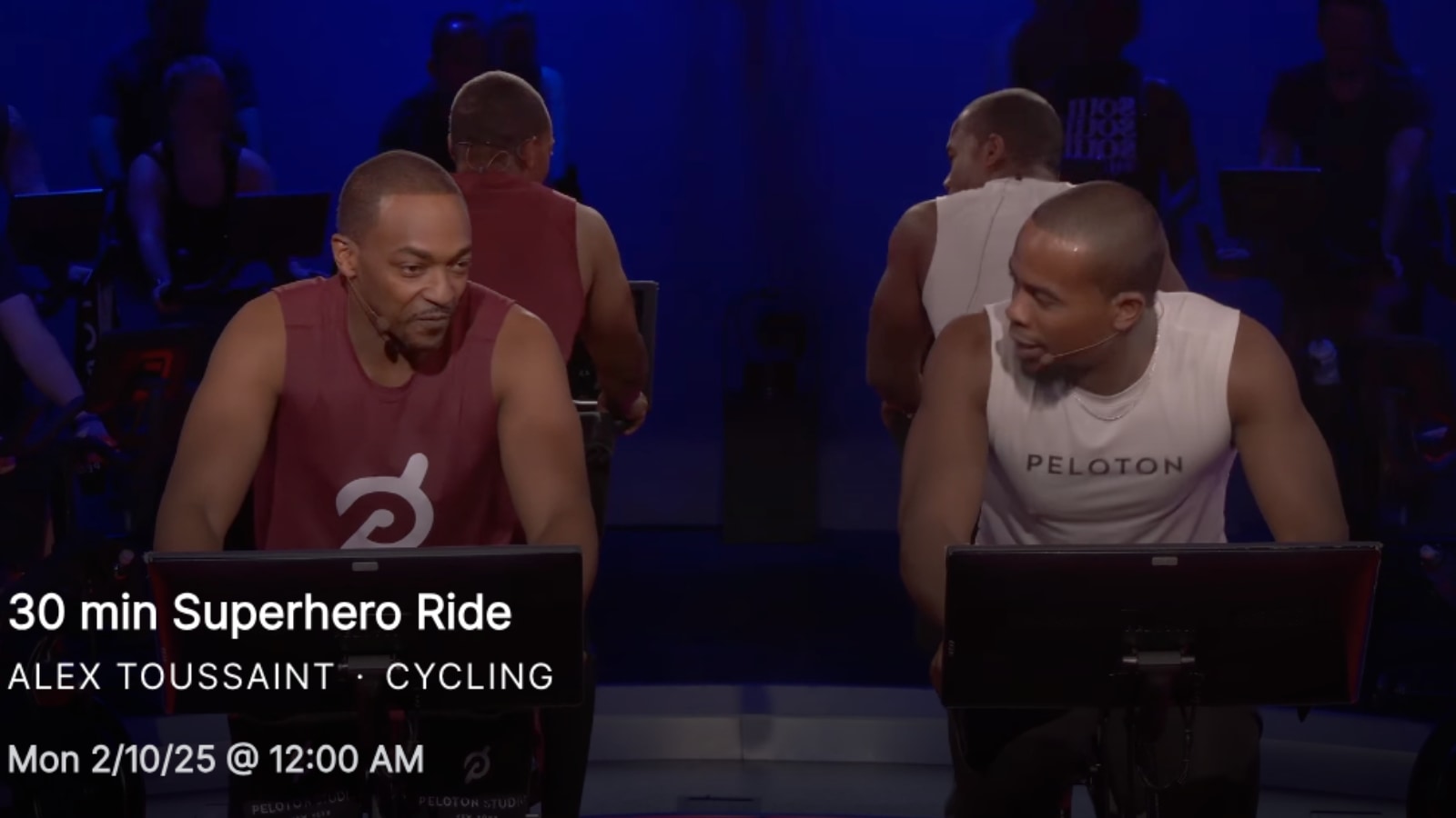 Anthony Mackie and Alex Toussaint teaching a Peloton superhero class.