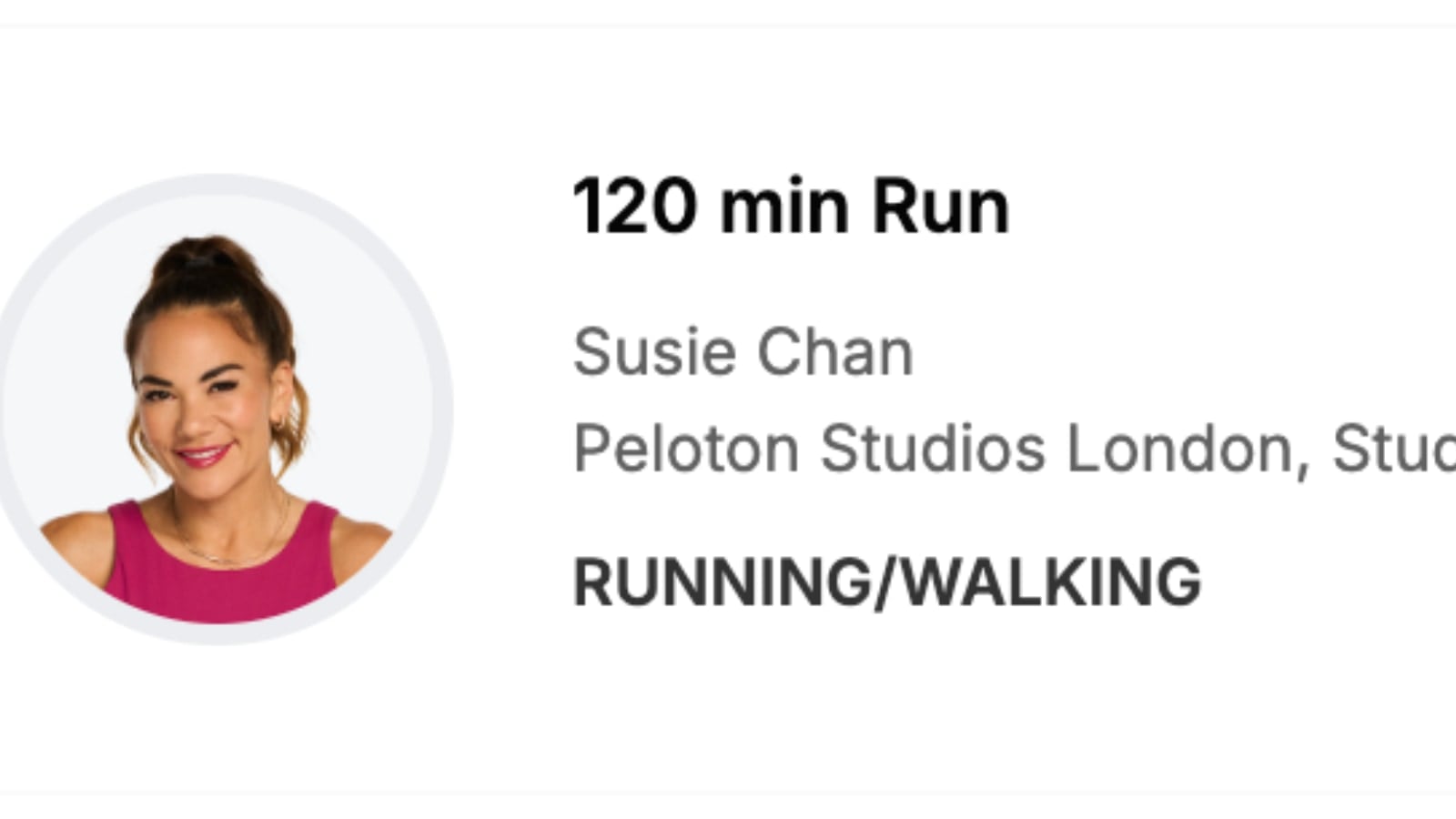 120 minute running class with Susie Chan on Peloton Studios booking site on March 23, 2025.