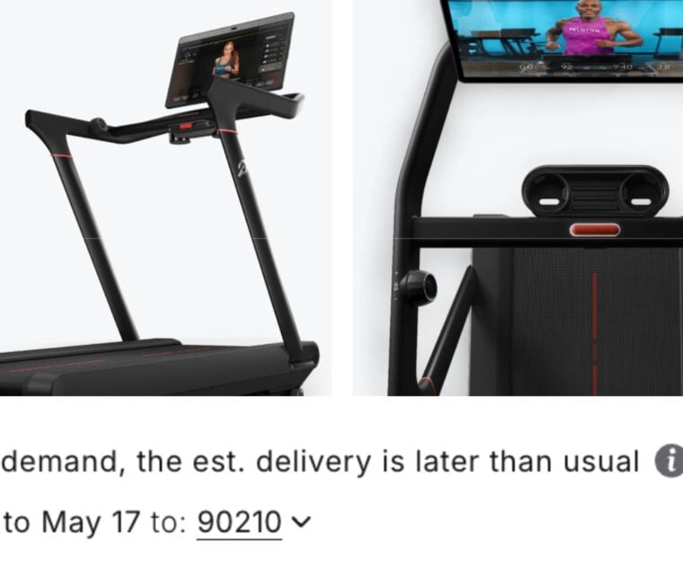 Peloton website Tread product page with shipping delay message.