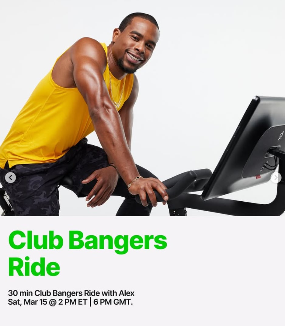 Alex Toussaint will have a live Club Bangers Ride this week. Image credit Peloton social media.