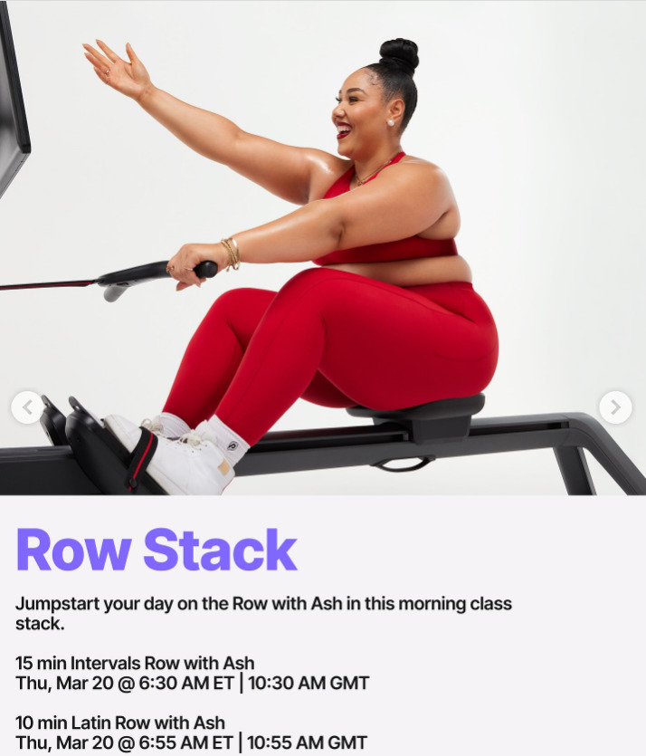 Ash will teach a Row stack this week. Image credit Peloton social media.