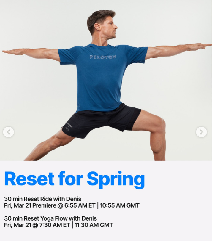 Denis will teach a live Reset yoga this week after a premiere Reset Ride. Image credit Peloton social media.
