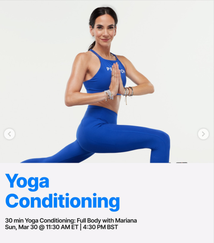 Mariana will teach a live Yoga Conditioning this week. Image credit Peloton social media.