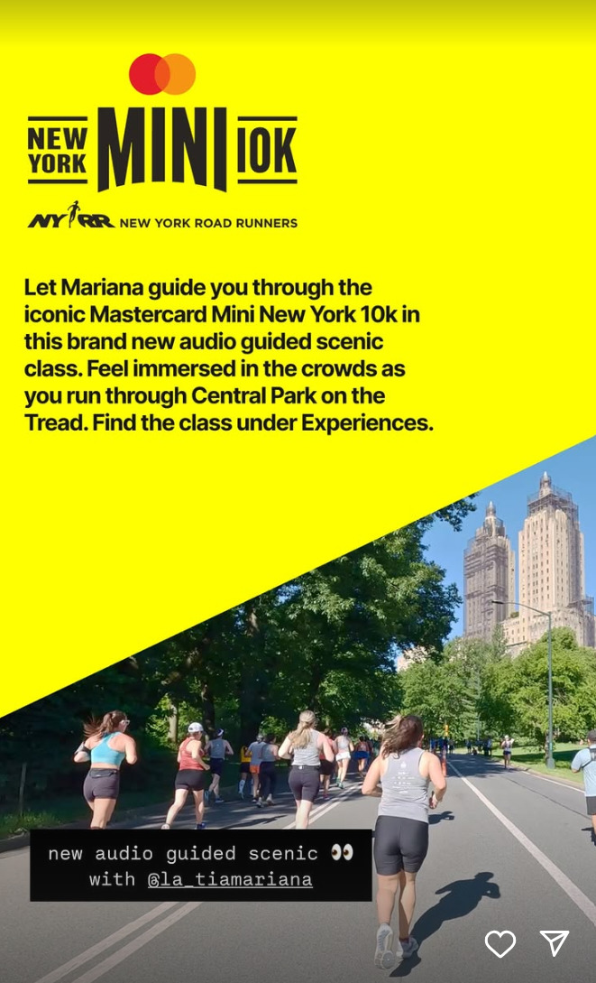 Peloton announced New York Mini 10K scenic run narrated by Mariana Fernández is available on demand. Image credit Peloton social media.