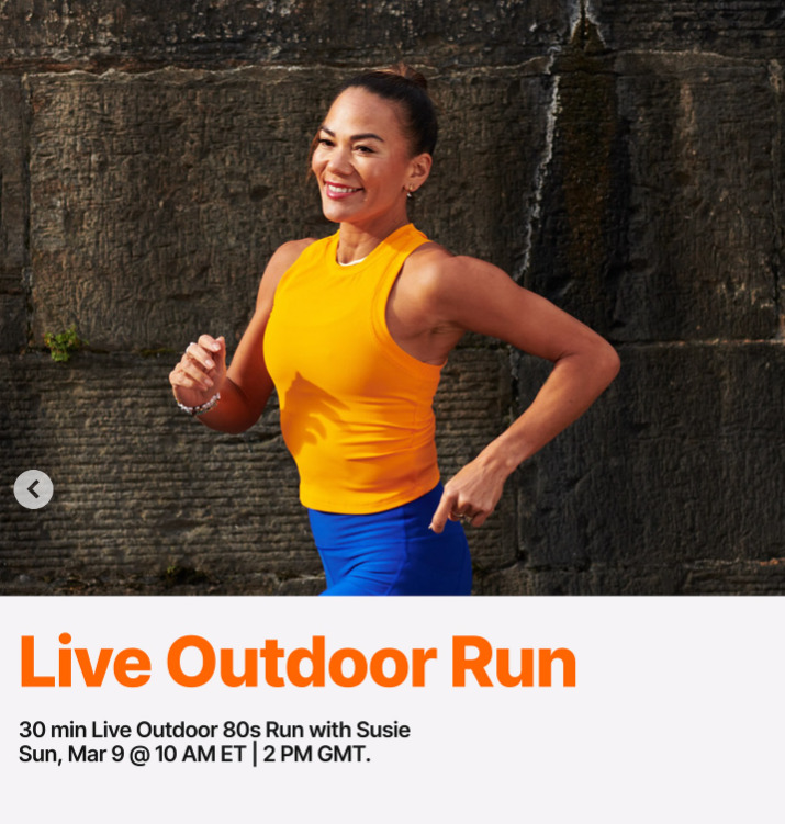 Susie Chan will teach a live Outdoor 30 minute 80s Run this week. Image credit Peloton social media.