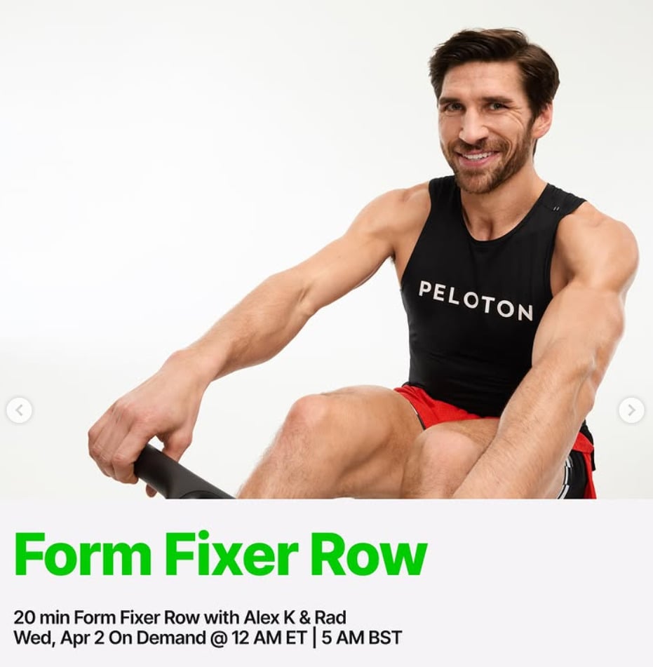 A new Form Fixer Row from Alex Karwoski will drop on demand this week. Image credit Peloton social media.