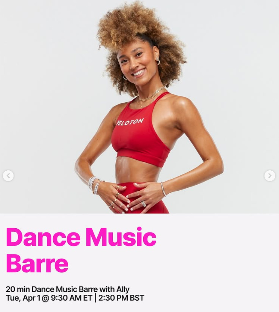 Ally will teach Dance Music Barre this week. Image credit Peloton social media.