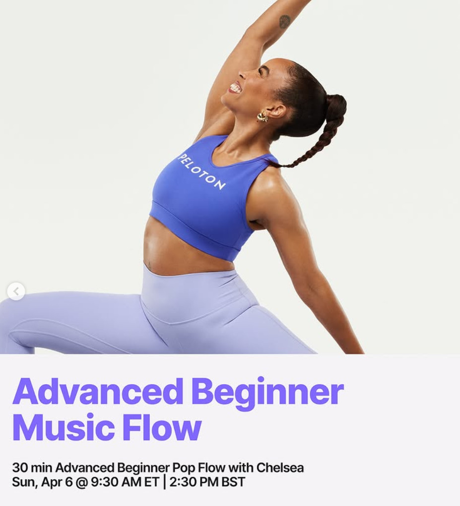 Chelsea will teach an Advanced Beginner Yoga Flow this week. Image credit Peloton social media.