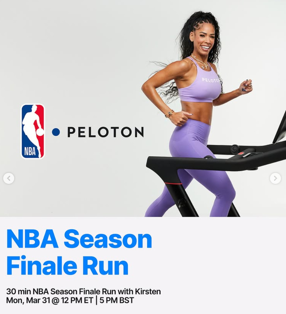 Kirsten taught an NBA Season Finale Run this week. Image credit Peloton social media.