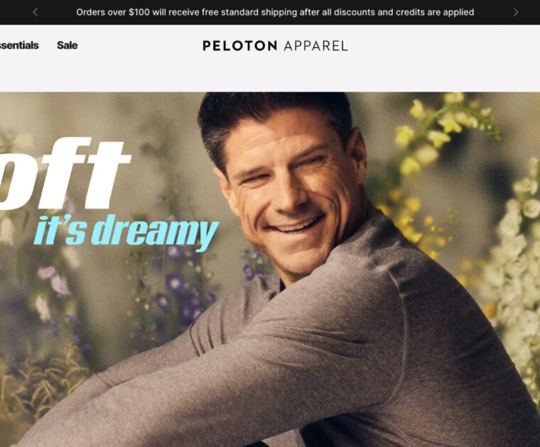 Peloton Apparel website displaying message about $100 spend requirement to receive free shipping.