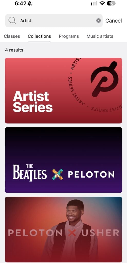 Search for "Artist" in the Peloton app.
