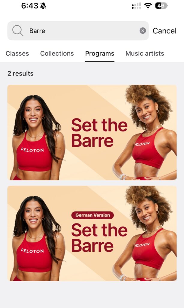 A search for "Barre" programs on Peloton.