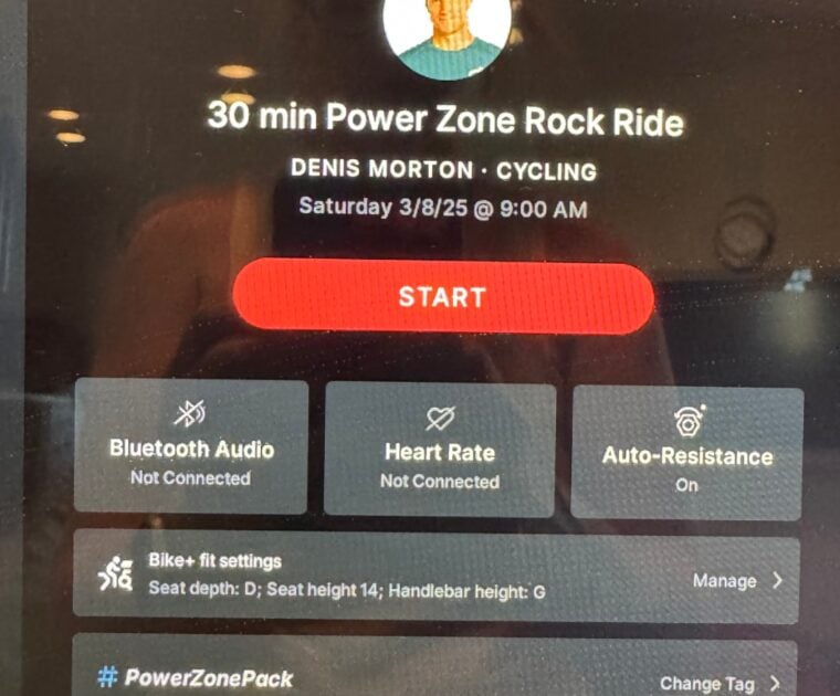 Fit Settings option on Bike+ cycling class start screen