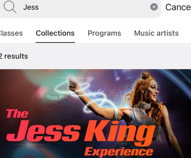 A search for "Jess" turns up the Jess King Experience collection and more.