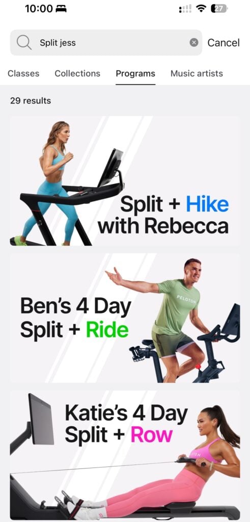 Searching for "Jess Split" in the Peloton app.