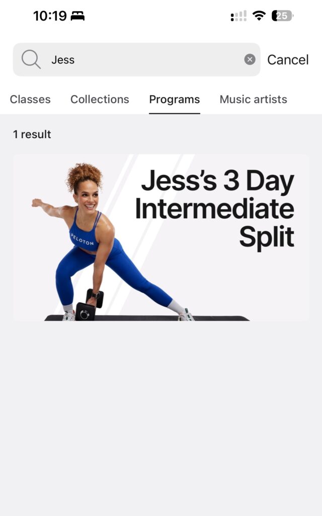 The Jess Sims split by searching for "Jess" in Peloton programs.