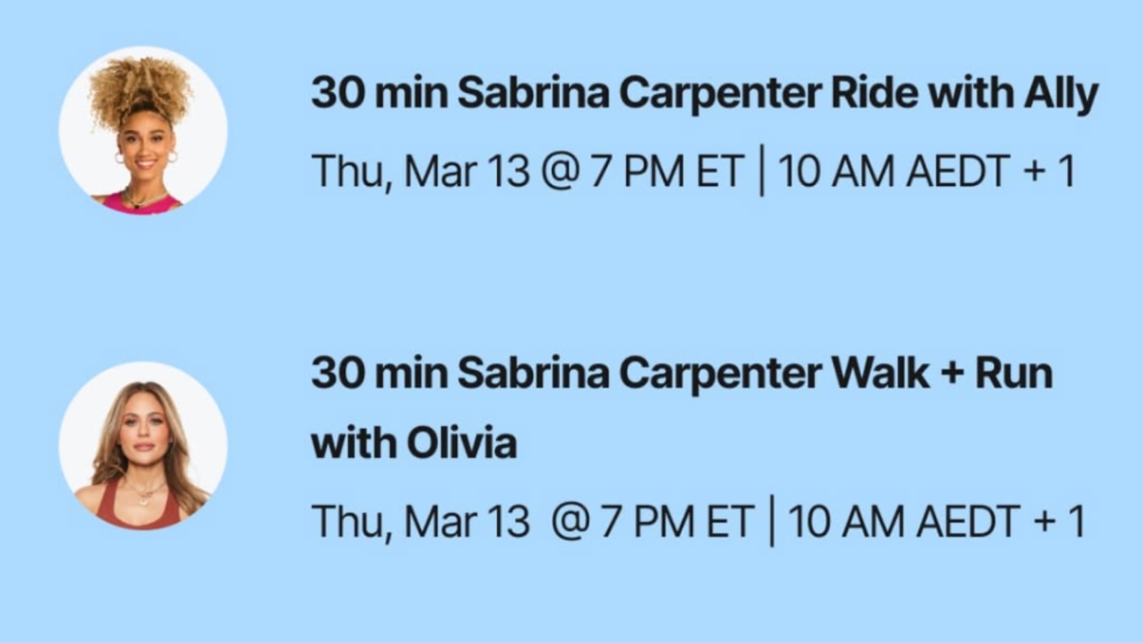 Sabrina Carpenter Peloton classes. Image credit Peloton social media.