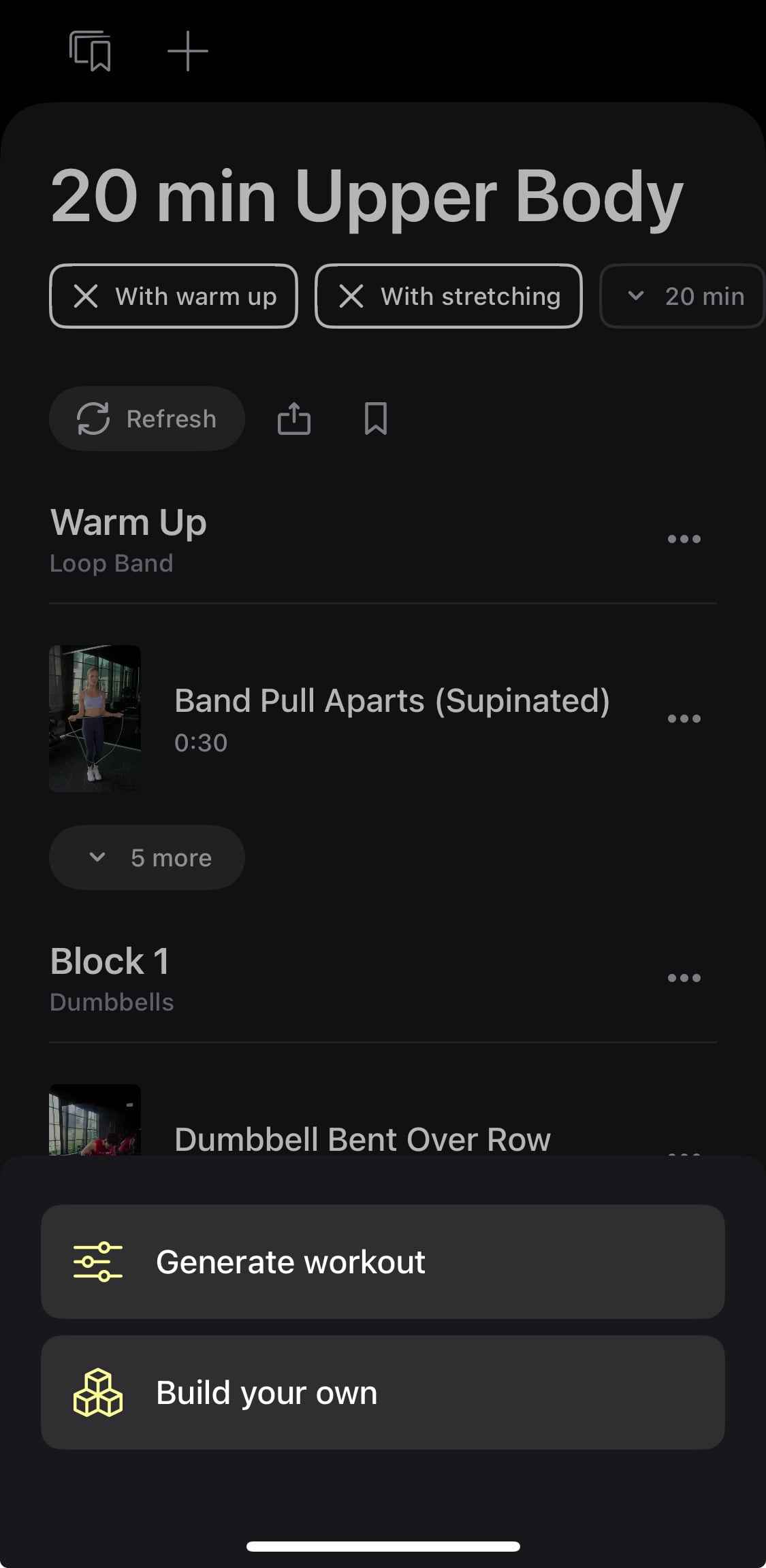 Strength+ app showing options to generate a workout or build your own workout