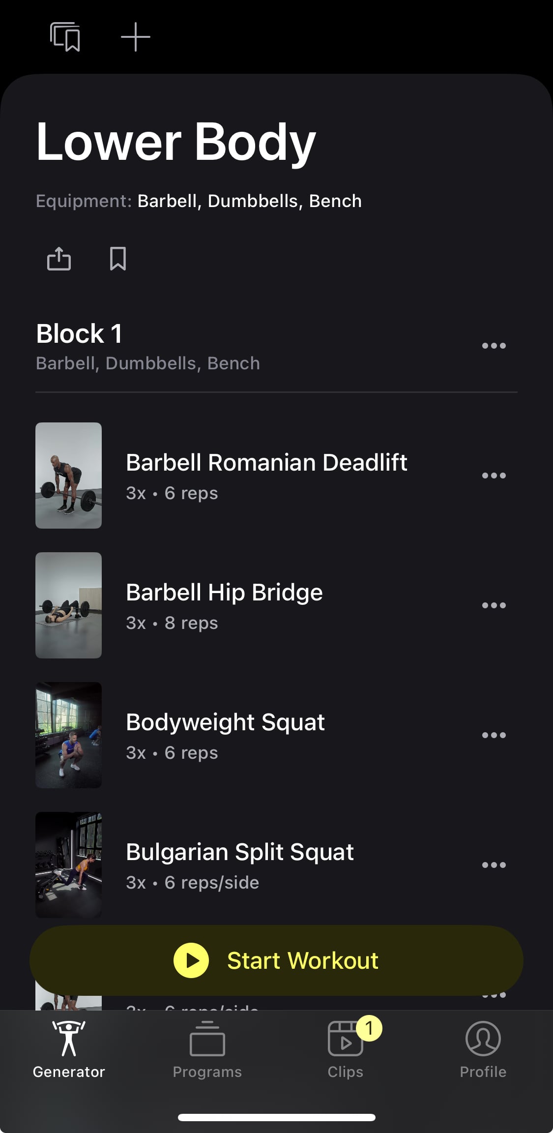 Strength+ app displaying a custom-made lower body workout