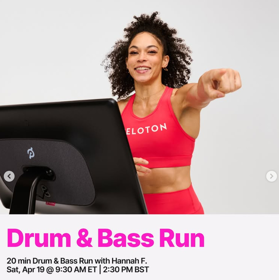 Hannah Frankson will teach a Drum & Bass Run this week. Image credit Peloton social media.