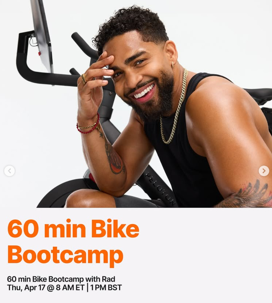 This week Rad Lopez will teach a 60 minute Bike Bootcamp. Image credit Peloton social media.