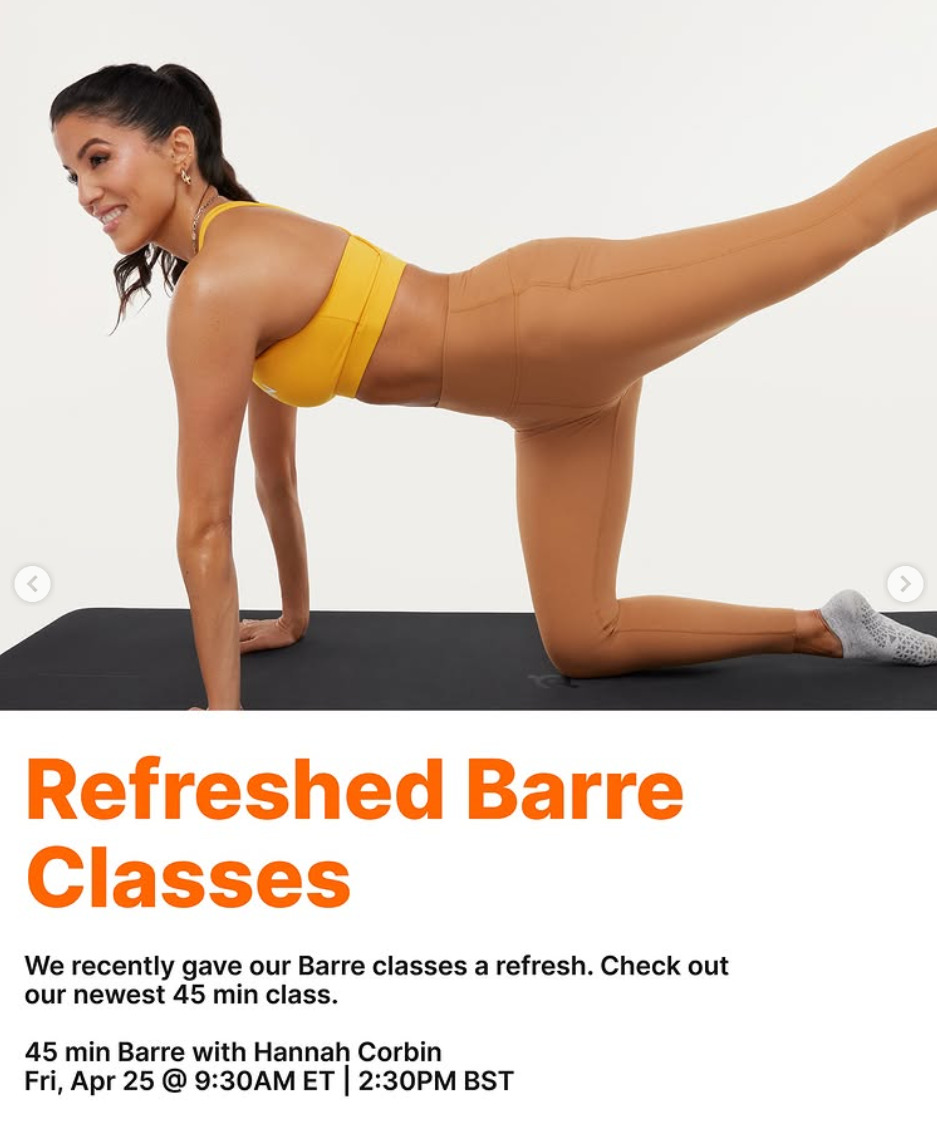 Hannah Corbin will teach a live 45 minute Barre class this week. Image credit Peloton social media.