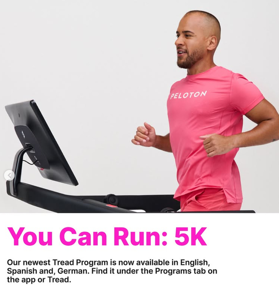 Peloton's newest You Can Run 5K program is now available in English, Spanish, and German. Image credit Peloton social media.