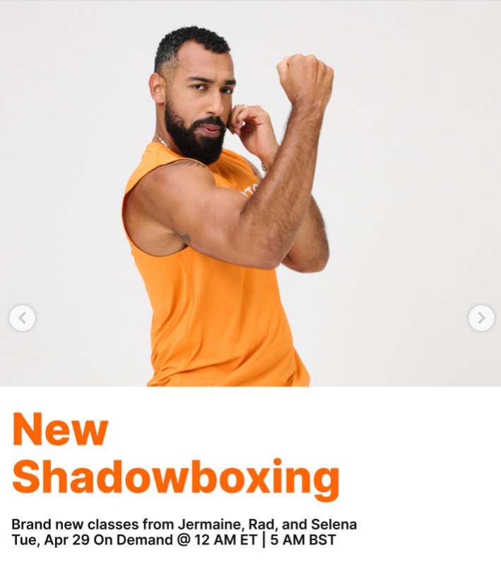 New Shadowboxing classes from Jermaine, Rad, and Selena will drop on demand this week. Image credit Peloton social media.