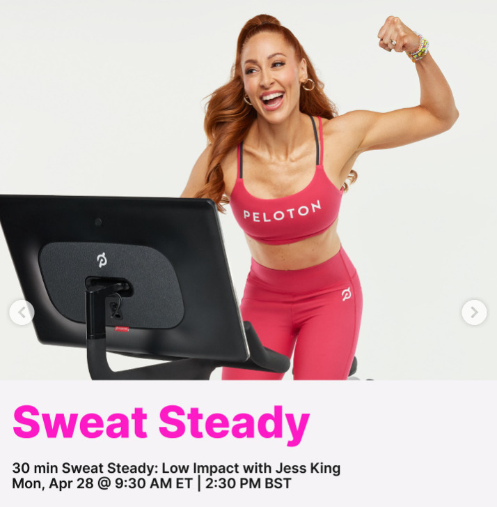 Jess King taught a new Low Impact Sweat Steady Ride this week. Image credit Peloton social media.