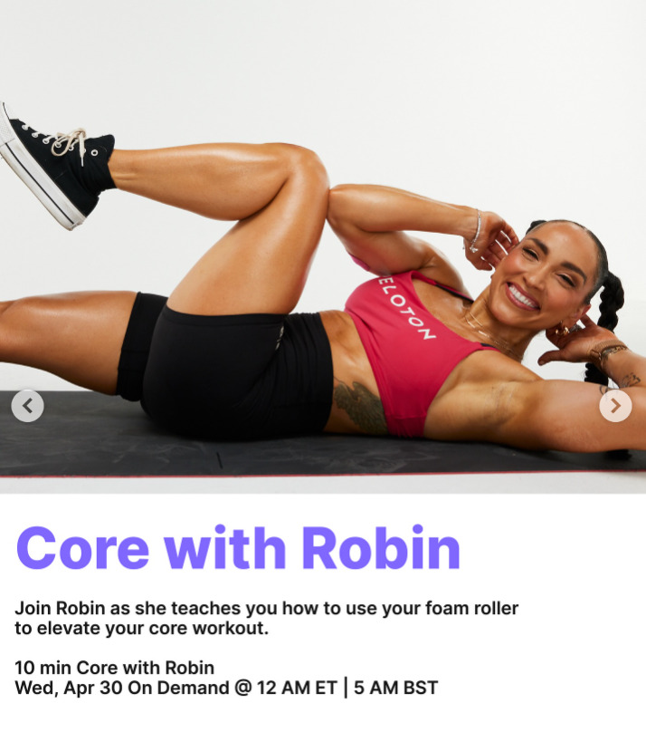 A 10 minute Core with Robin using a foam roller will drop on demand this week. Image credit Peloton social media.