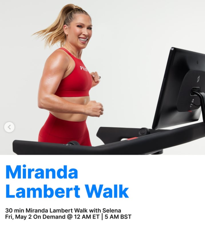 Selena's 30 minute Miranda Lambert Walk will drop on demand this week. Image credit Peloton social media.