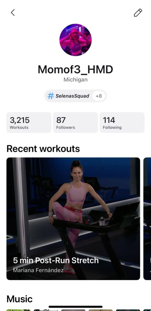 Peloton app's new Profile view moved followers and music to new view plus shows recent workout classes